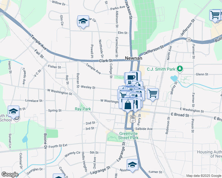 map of restaurants, bars, coffee shops, grocery stores, and more near 36 College Street in Newnan