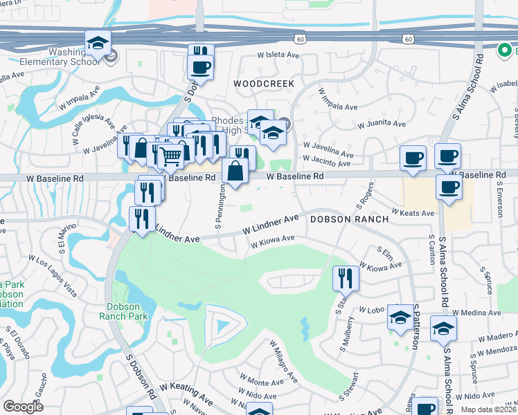 map of restaurants, bars, coffee shops, grocery stores, and more near 1732 West Lindner Avenue in Mesa