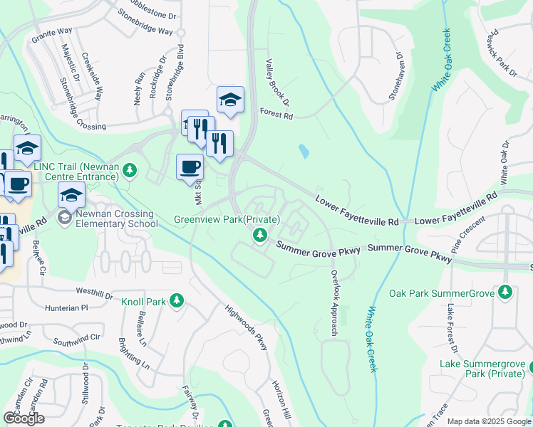 map of restaurants, bars, coffee shops, grocery stores, and more near 13 Verandah Place in Newnan