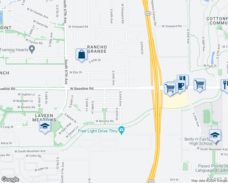 map of restaurants, bars, coffee shops, grocery stores, and more near 6320 West Sophie Lane in Phoenix