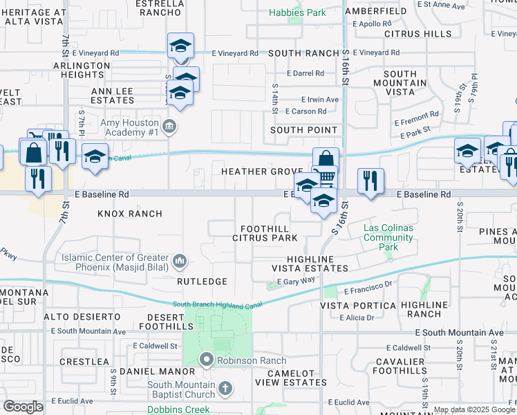 map of restaurants, bars, coffee shops, grocery stores, and more near 7627 South 14th Street in Phoenix