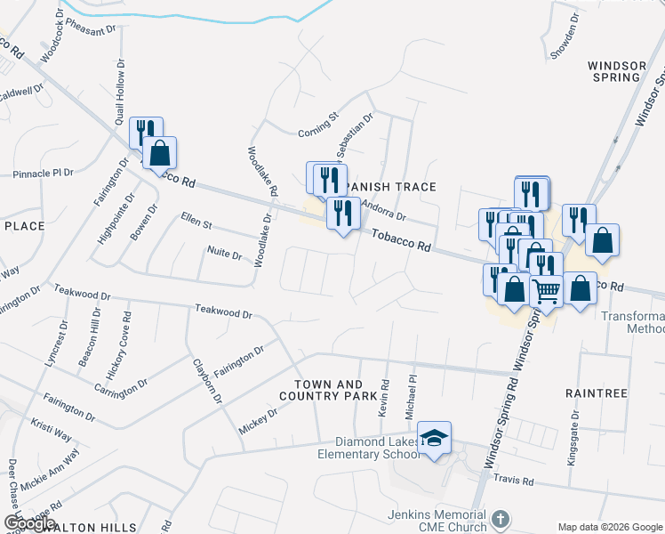 map of restaurants, bars, coffee shops, grocery stores, and more near 2590 Tobacco Road in Hephzibah