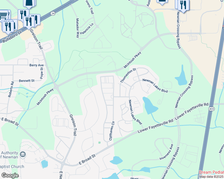 map of restaurants, bars, coffee shops, grocery stores, and more near 2 Hillshire Drive in Newnan