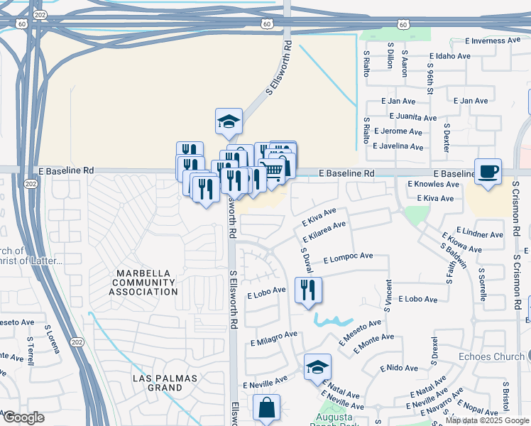 map of restaurants, bars, coffee shops, grocery stores, and more near 2150 South Compton in Mesa