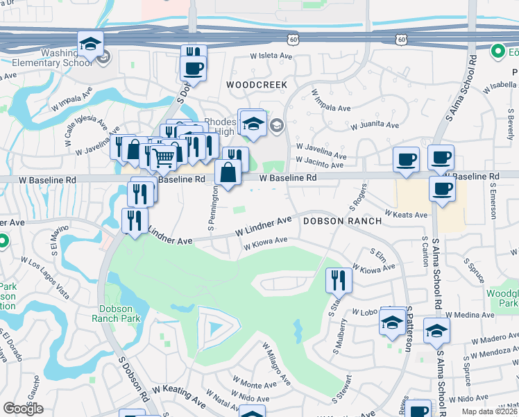 map of restaurants, bars, coffee shops, grocery stores, and more near 1660 West Lindner Avenue in Mesa