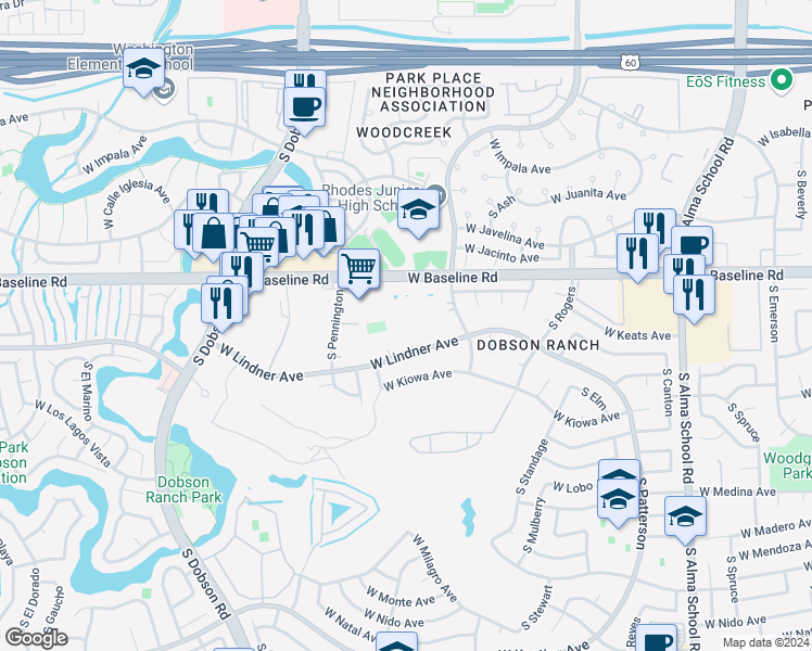 map of restaurants, bars, coffee shops, grocery stores, and more near 1660 West Lindner Avenue in Mesa