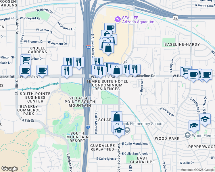 map of restaurants, bars, coffee shops, grocery stores, and more near 5300 South Priest Drive in Guadalupe