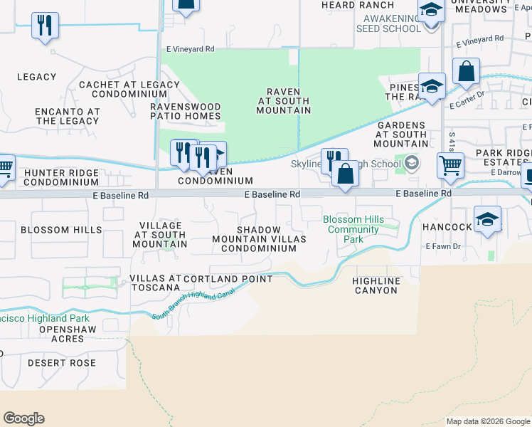 map of restaurants, bars, coffee shops, grocery stores, and more near 3511 East Baseline Road in Phoenix