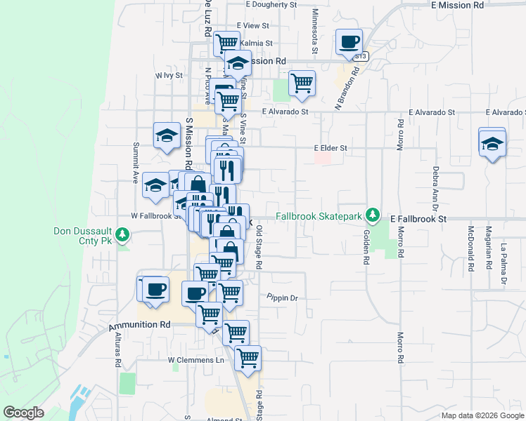 map of restaurants, bars, coffee shops, grocery stores, and more near 317 County Highway S15 in Fallbrook