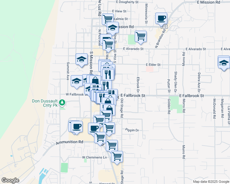 map of restaurants, bars, coffee shops, grocery stores, and more near in Fallbrook