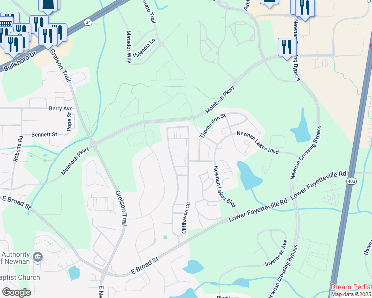 map of restaurants, bars, coffee shops, grocery stores, and more near 2 Hillshire Drive in Newnan