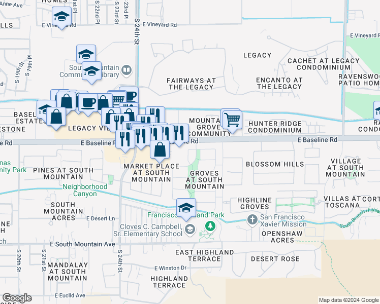 map of restaurants, bars, coffee shops, grocery stores, and more near 2635 East Valencia Drive in Phoenix
