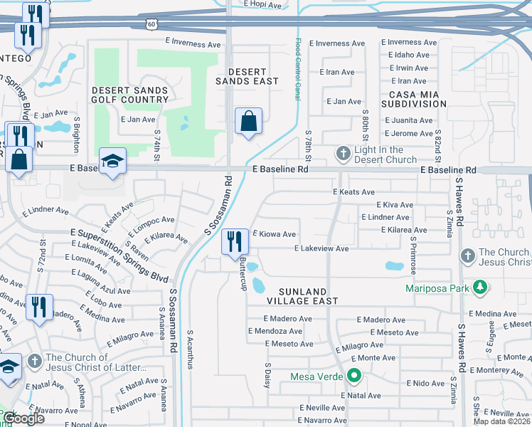 map of restaurants, bars, coffee shops, grocery stores, and more near 7811 East Lindner Avenue in Mesa