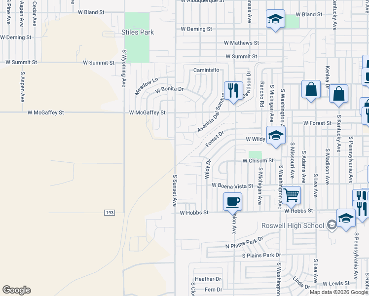 map of restaurants, bars, coffee shops, grocery stores, and more near 1409-1501 South Sunset Avenue in Roswell