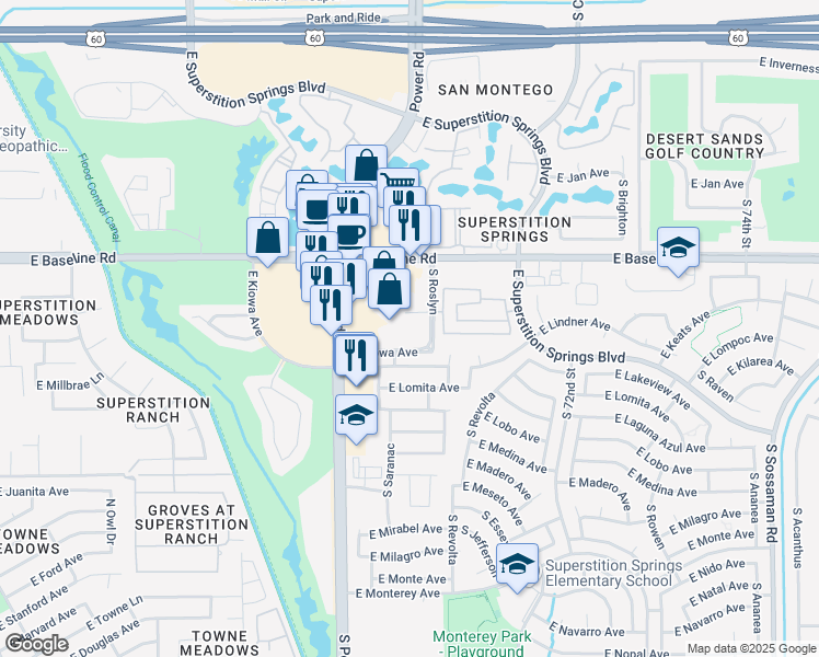 map of restaurants, bars, coffee shops, grocery stores, and more near 2055 South Saranac in Mesa
