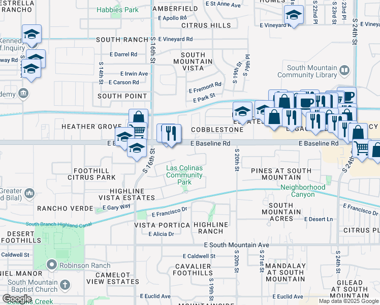 map of restaurants, bars, coffee shops, grocery stores, and more near 1814 East Valencia Drive in Phoenix