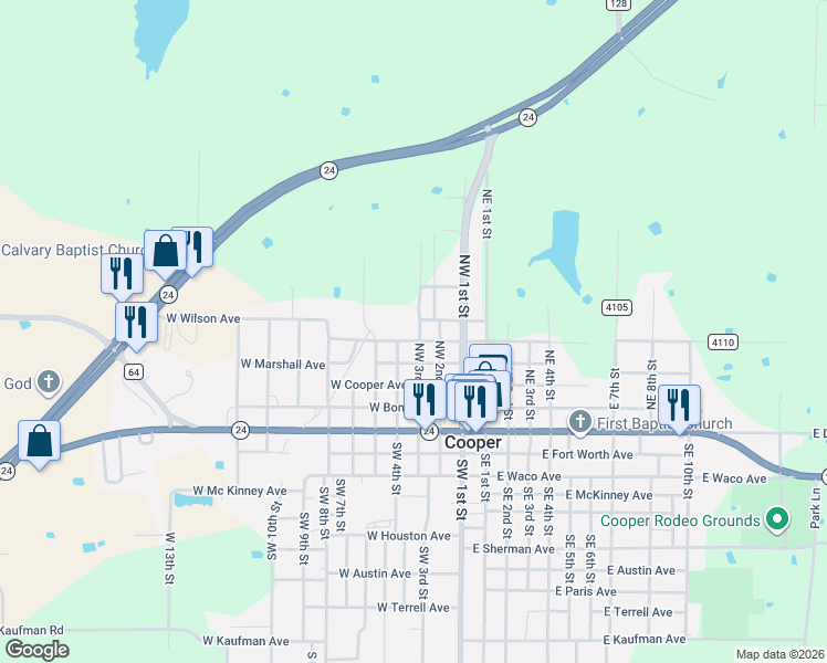 map of restaurants, bars, coffee shops, grocery stores, and more near 351 Northwest 4th Street in Cooper