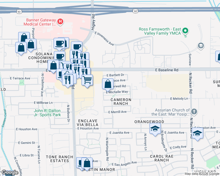 map of restaurants, bars, coffee shops, grocery stores, and more near 3461 East Harwell Road in Gilbert