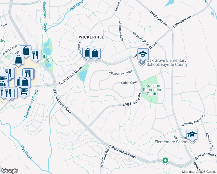 map of restaurants, bars, coffee shops, grocery stores, and more near 139 Rockspray Ridge in Peachtree City