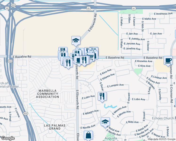 map of restaurants, bars, coffee shops, grocery stores, and more near 2150 South Compton in Mesa