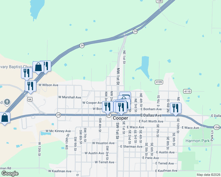 map of restaurants, bars, coffee shops, grocery stores, and more near 311 Northwest 2nd Street in Cooper