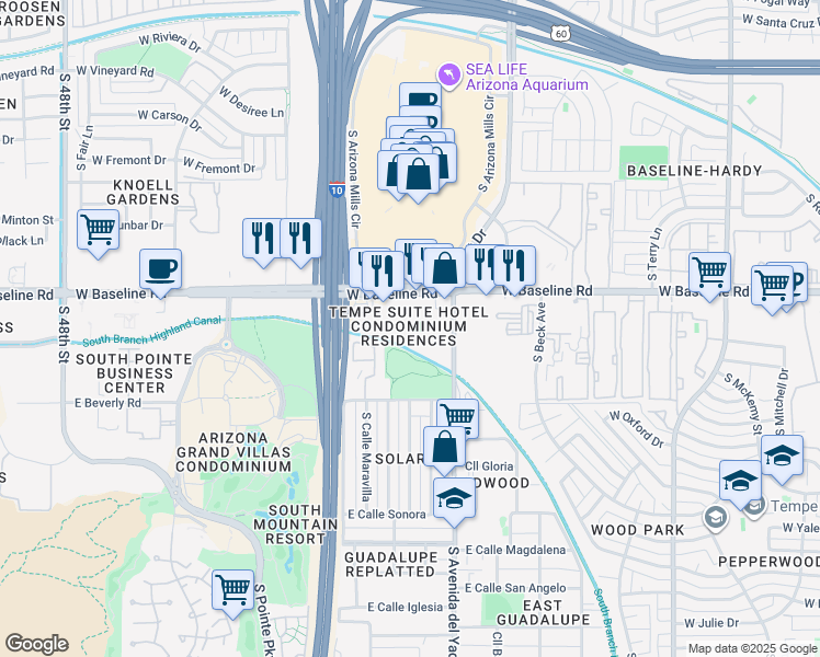 map of restaurants, bars, coffee shops, grocery stores, and more near 5300 South Priest Drive in Guadalupe
