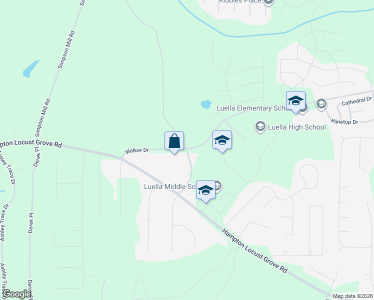 map of restaurants, bars, coffee shops, grocery stores, and more near 615 Strickland Road in Locust Grove
