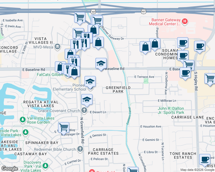map of restaurants, bars, coffee shops, grocery stores, and more near 2560 East Michelle Way in Gilbert