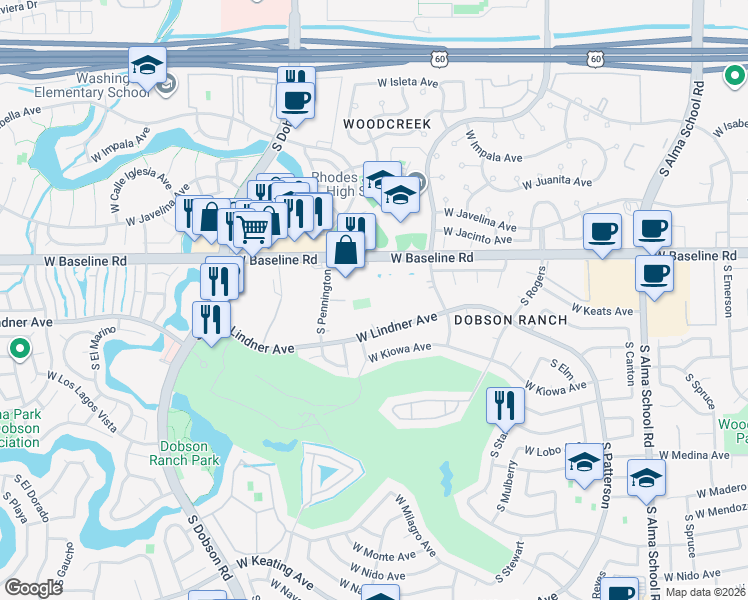 map of restaurants, bars, coffee shops, grocery stores, and more near 1732 West Lindner Avenue in Mesa