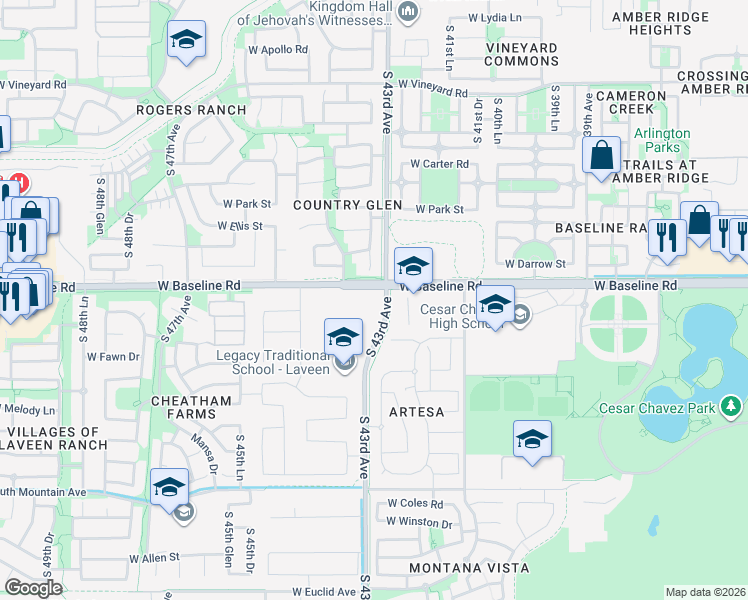 map of restaurants, bars, coffee shops, grocery stores, and more near 4305 West Baseline Road in Phoenix
