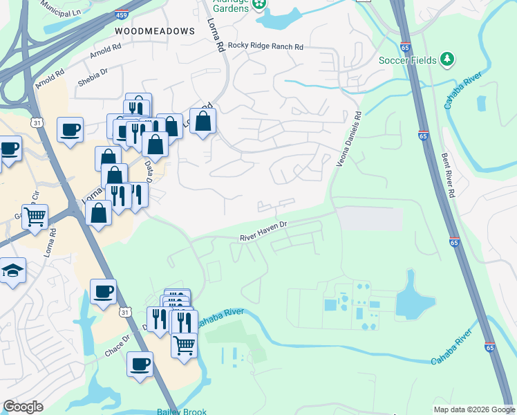 map of restaurants, bars, coffee shops, grocery stores, and more near 100 Riverhaven Place in Hoover
