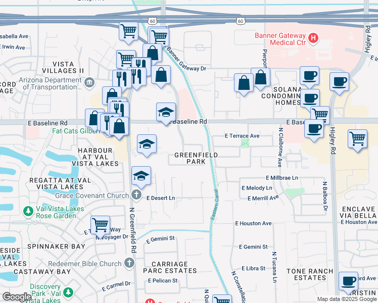 map of restaurants, bars, coffee shops, grocery stores, and more near 2579 East Michelle Way in Gilbert