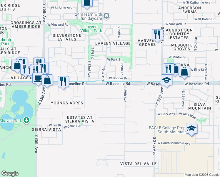 map of restaurants, bars, coffee shops, grocery stores, and more near 2932 West Beautiful Lane in Maricopa County