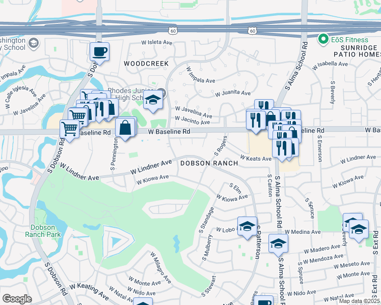 map of restaurants, bars, coffee shops, grocery stores, and more near 2115 South Ash Circle in Mesa