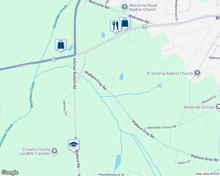 map of restaurants, bars, coffee shops, grocery stores, and more near 634 Wallace Gray Road in Newnan