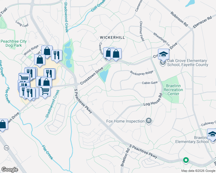map of restaurants, bars, coffee shops, grocery stores, and more near 157 Rockspray Ridge in Peachtree City