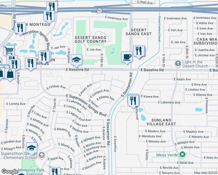 map of restaurants, bars, coffee shops, grocery stores, and more near 7529 East Lompoc Avenue in Mesa