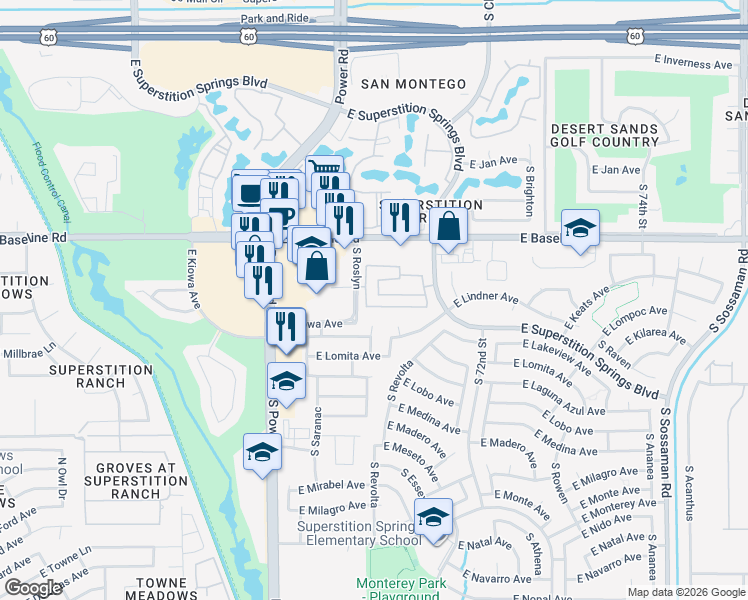 map of restaurants, bars, coffee shops, grocery stores, and more near 2128 South Edgewater in Mesa