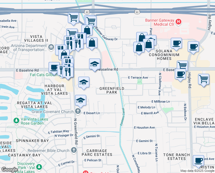 map of restaurants, bars, coffee shops, grocery stores, and more near 2579 East Michelle Way in Gilbert