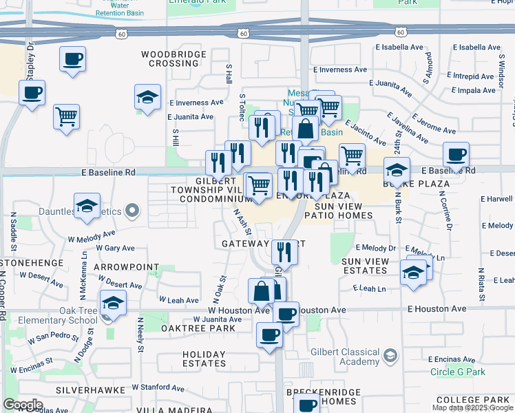 map of restaurants, bars, coffee shops, grocery stores, and more near 48 West Hancock Avenue in Gilbert