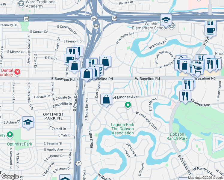 map of restaurants, bars, coffee shops, grocery stores, and more near 2515 West Kilarea Avenue in Mesa