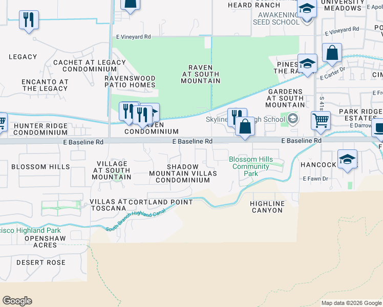 map of restaurants, bars, coffee shops, grocery stores, and more near 3511 East Baseline Road in Phoenix