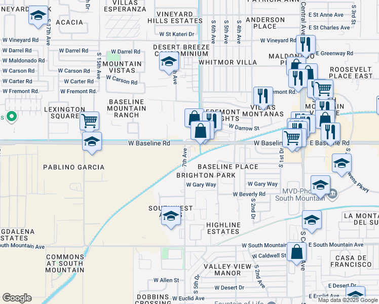 map of restaurants, bars, coffee shops, grocery stores, and more near 7801 South 7th Avenue in Phoenix