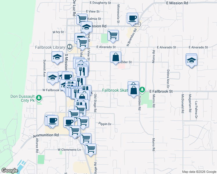 map of restaurants, bars, coffee shops, grocery stores, and more near 437 East Fallbrook Street in Fallbrook