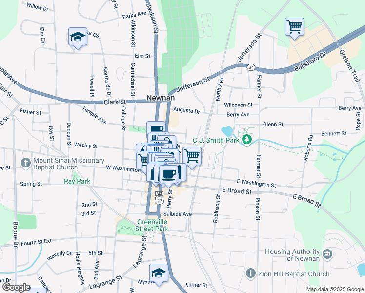 map of restaurants, bars, coffee shops, grocery stores, and more near 59 Perry Street in Newnan