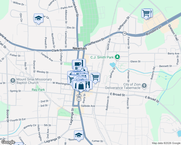 map of restaurants, bars, coffee shops, grocery stores, and more near 53 Perry Street in Newnan