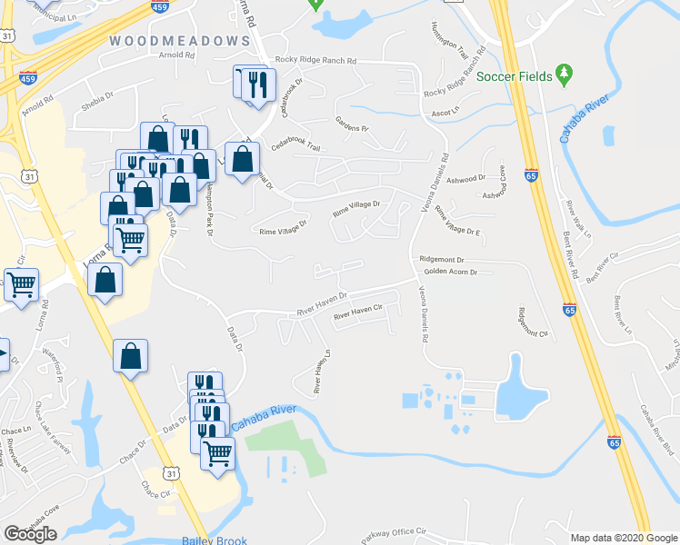 map of restaurants, bars, coffee shops, grocery stores, and more near 2480 River Haven Lane in Birmingham