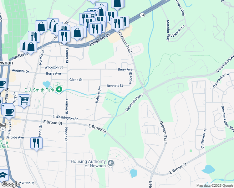 map of restaurants, bars, coffee shops, grocery stores, and more near 15 Mill Stream Court in Newnan