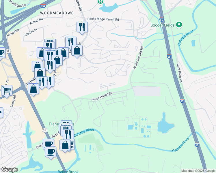 map of restaurants, bars, coffee shops, grocery stores, and more near 2480 River Haven Lane in Birmingham