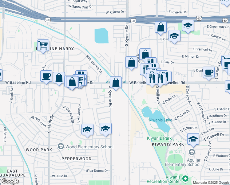 map of restaurants, bars, coffee shops, grocery stores, and more near 5235 S Kyrene Rd in Tempe
